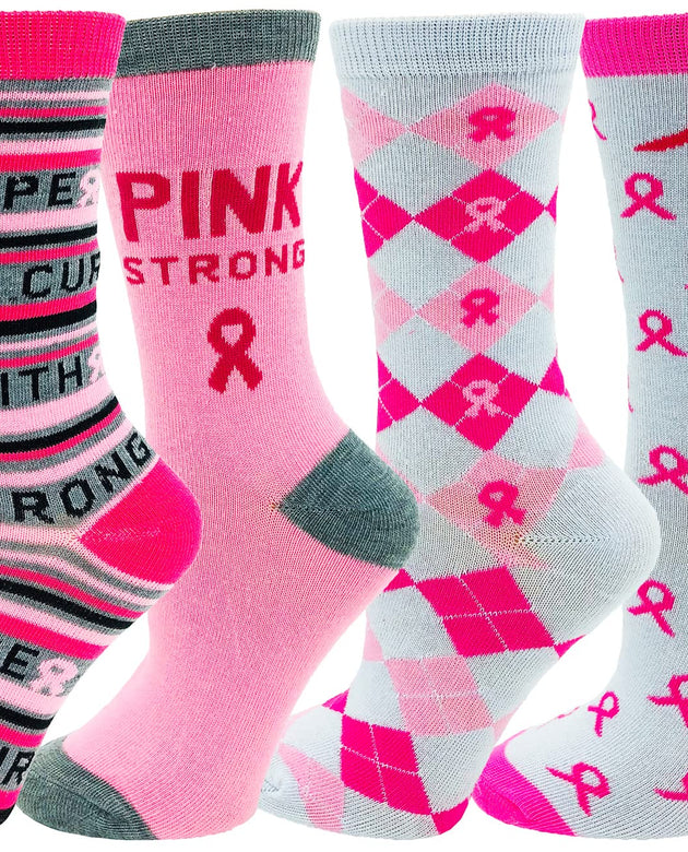 6 Pairs Womens Breast Cancer Awareness Socks, Pink Ribbon Soft Sport Sock Bulk Pack (Assorted Pink Ribbon Crew Socks)