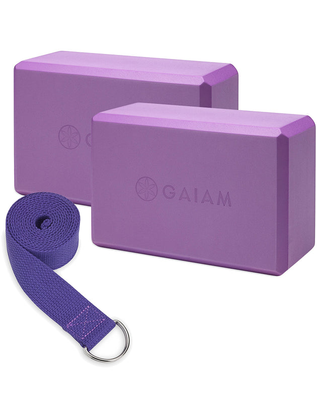 Gaiam Yoga Block & Yoga Strap Combo Set - Yoga Block with Strap, Pilates & Yoga Props to Help Extend & Deepen Stretches, Yoga Kit for Stability, Balance & Optimal Alignment